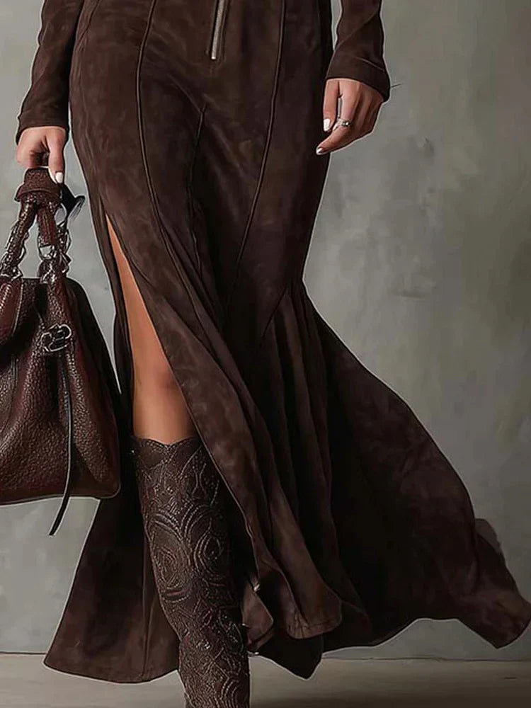 Raffaella - Brown Vintage Long Dress with Zipper